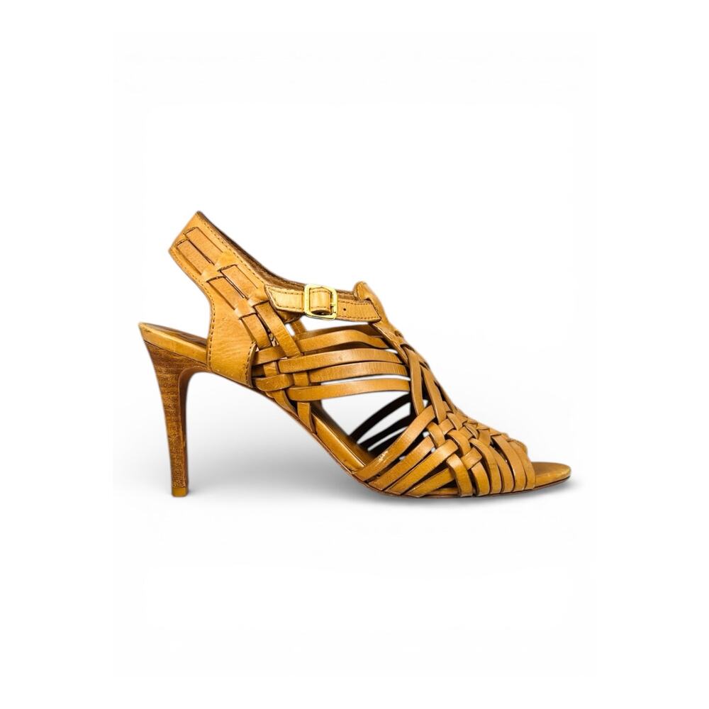 Tory Burch Nadia Woven Leather Huarache Heels Cognac Sandals 9.5